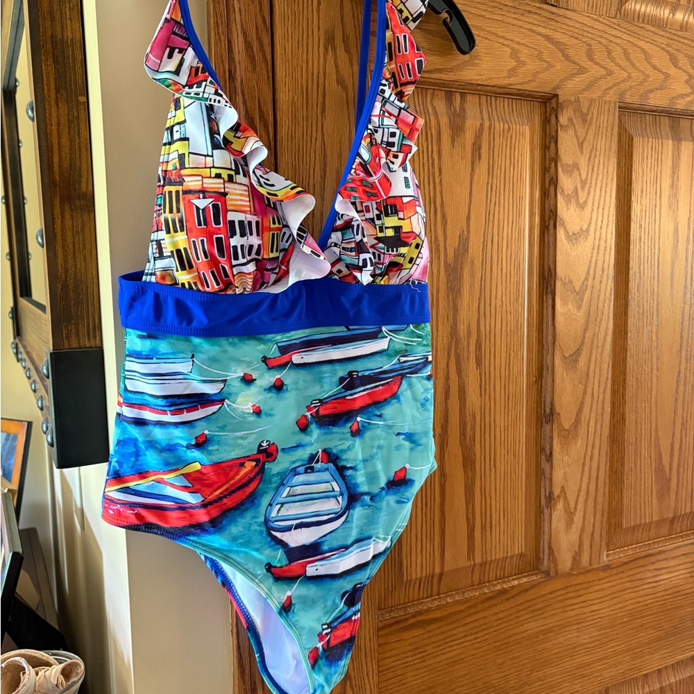 Blue and Red One Piece Swimwear with Nautical Theme
